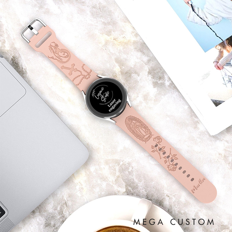 Personalized Virgin Mary with Cross Silicone Watch Band with Name for Huawei Samsung Watch Religious Christian Gift for Her Mother's Day Gift