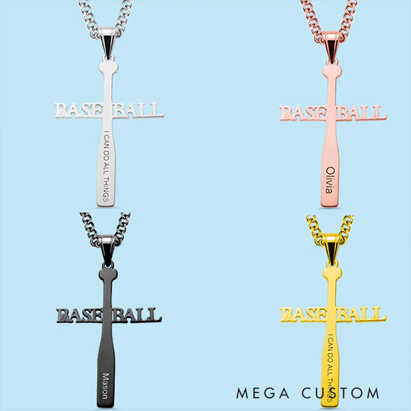 Personalized Baseball Cross Necklace with Text and Bible Verse Dainty Jewelry Christian Gift for Sports Lovers