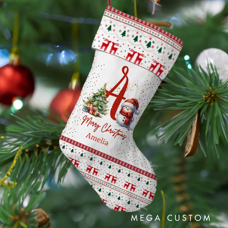 Personalized Cute Holly Hat Snowman Merry Christmas Stocking with Initial and Name Holiday Tree Fireplace Decor Family Party Gift
