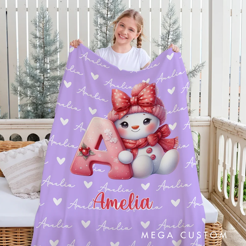 Personalized Santa Hat Snowman Initial Word Cloud Soft Throw Blanket with Name Home Decor Christmas Gift