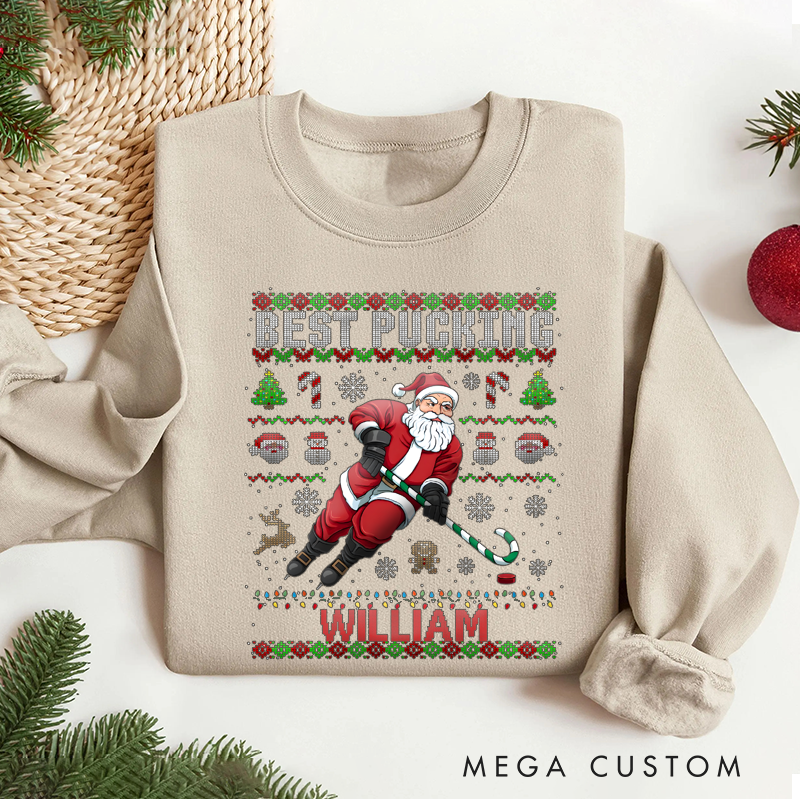 Personalized "Best Pucking" Hockey Christmas Sweater with Custom Name