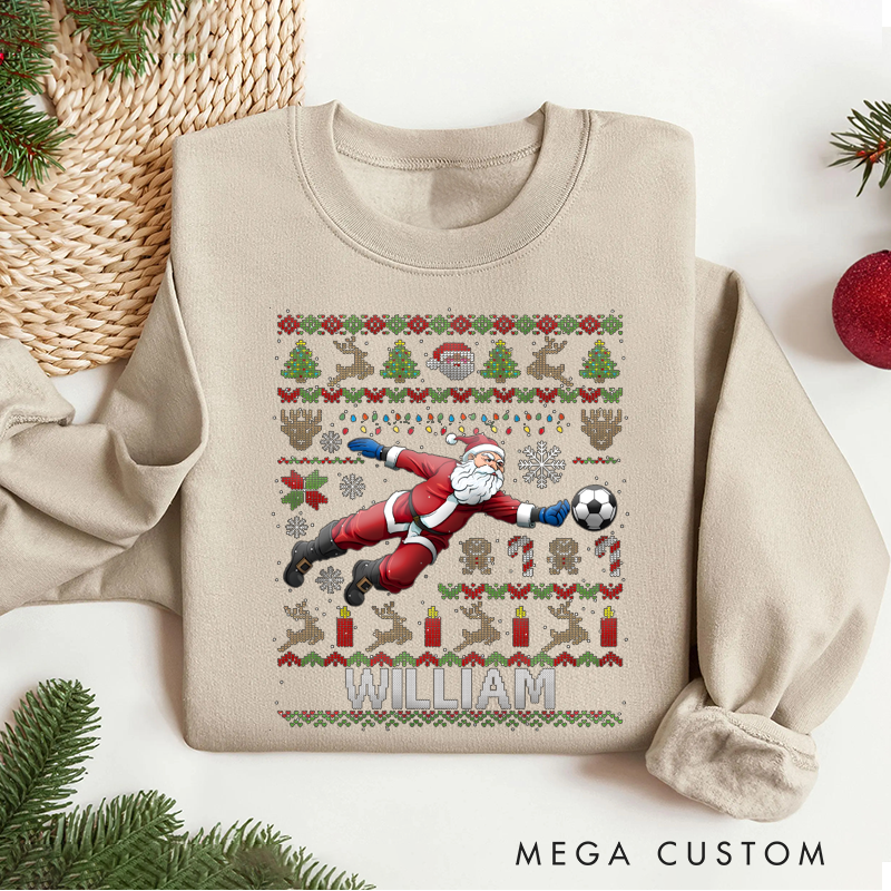 Personalized Soccer Christmas Sweater with Santa Design and Custom Name