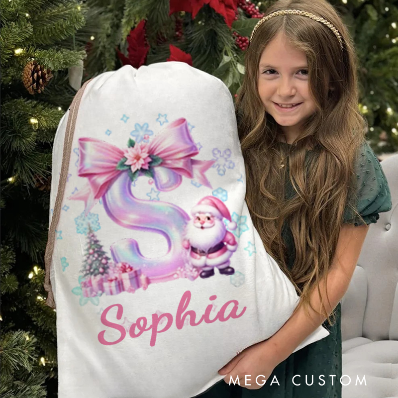 Personalized Christmas Cartoon Character Christmas Sack with Glitter Pink Bow Initial and Name Christmas Gift