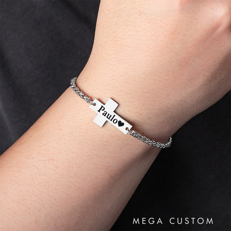 Personalized Cross Pendant Bracelet with Engraved Text Religious Jewelry Baptism Prayer Birthday Gift for Christians