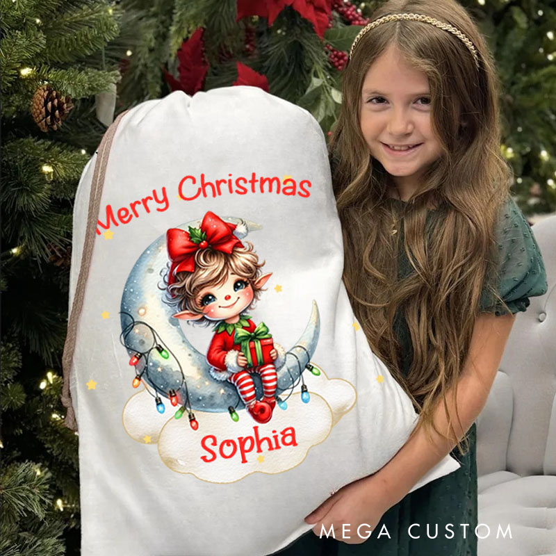 Personalized Dreamy Christmas Elf Moon Cloud Christmas Bag Name and Christmas Gift for Baby Kid
