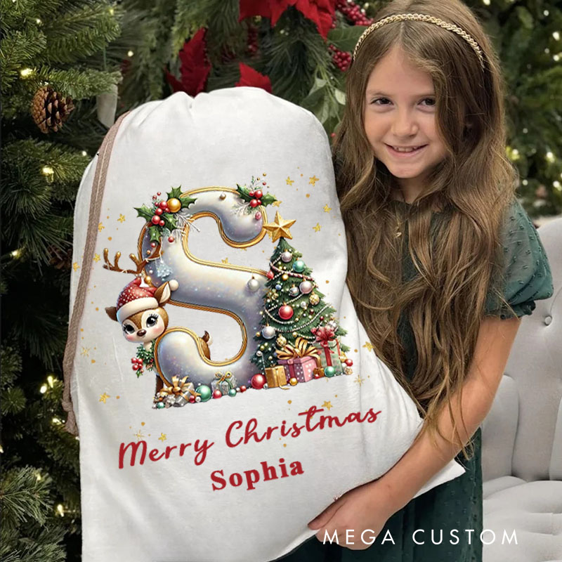 Personalized Initial Christmas Bag with Festive Tree and Reindeer Design Featuring Name for Holiday Fun