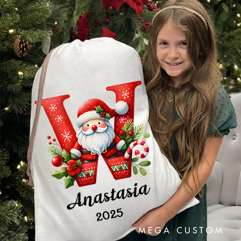 Personalized Santa and Candy Cane Christmas Bag with Initial and Name for a Festive Holiday Season