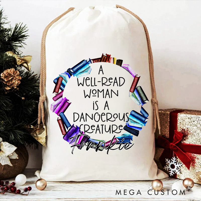 Personalized a Well Read Woman Christmas Bag with Name Bookish Santa Sack Gift Wrap Bag for Holiday Season Book Lover Christmas Gift