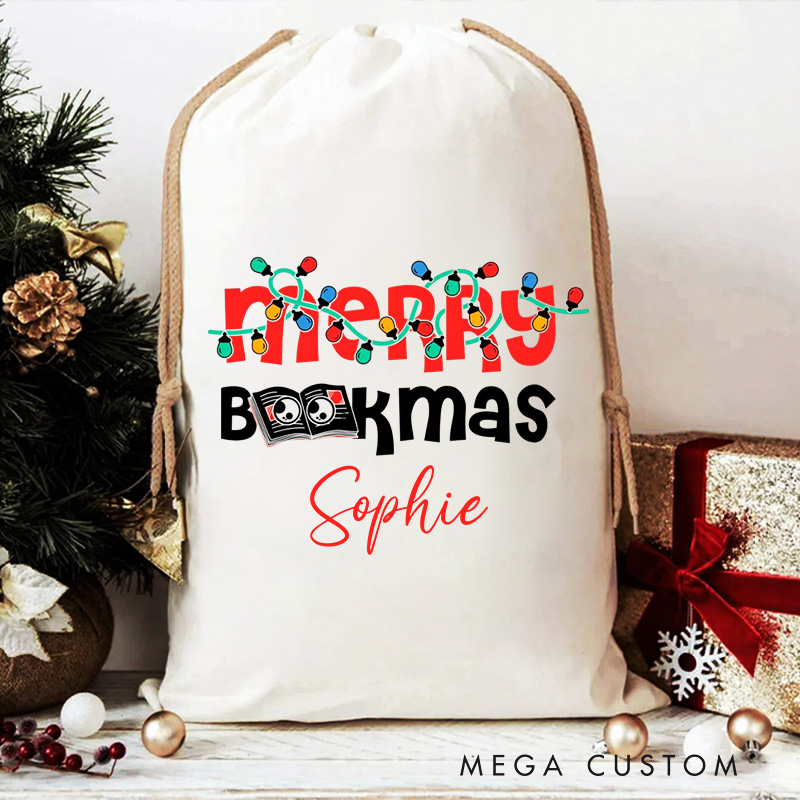 Personalized Merry Bookmas Christmas Bag with Name Merry Christmas Santa Sack Library Santa Sack for Book Lover Christmas Gift