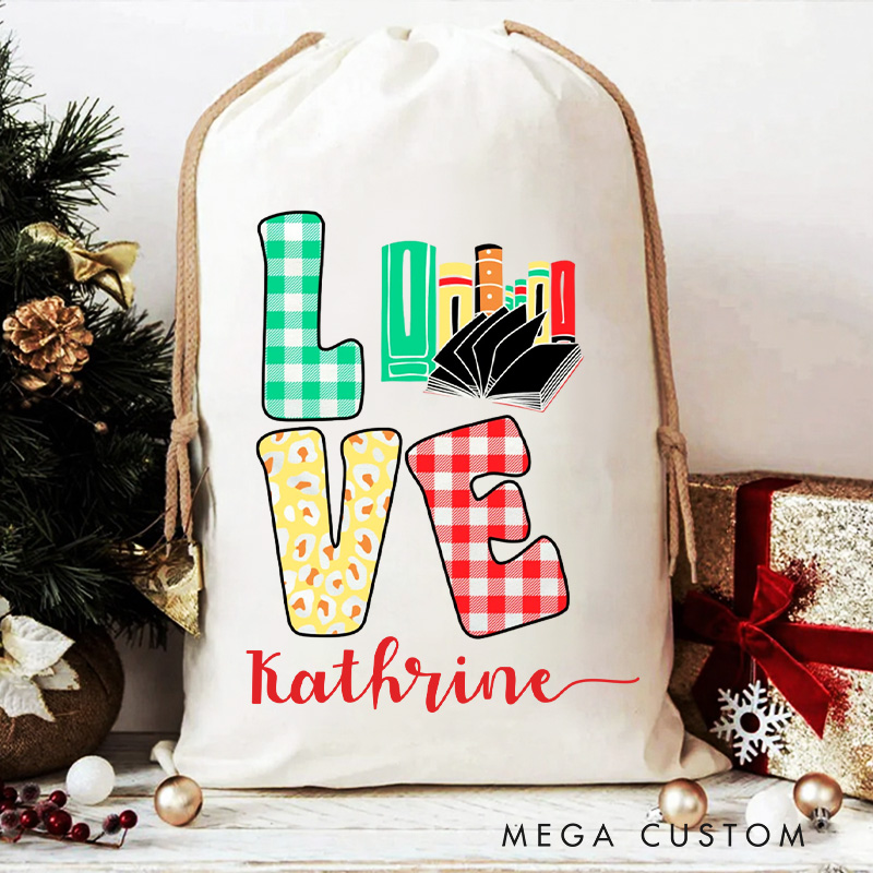 Personalized Love Christmas Bag with Name Librarian Santa Sack Bookworm Christmas Sack for Book Lovers Christmas Gift