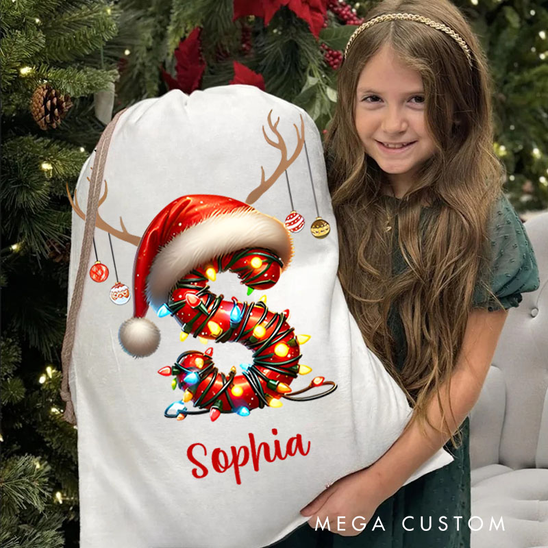 Personalized Santa Hat Initial Christmas Bag with Festive Lights and Name for Holiday Fun