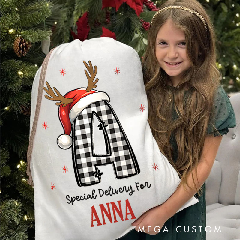 Personalized Plaid Initial Christmas Bag with Reindeer Antlers and Name for a Special Holiday Delivery