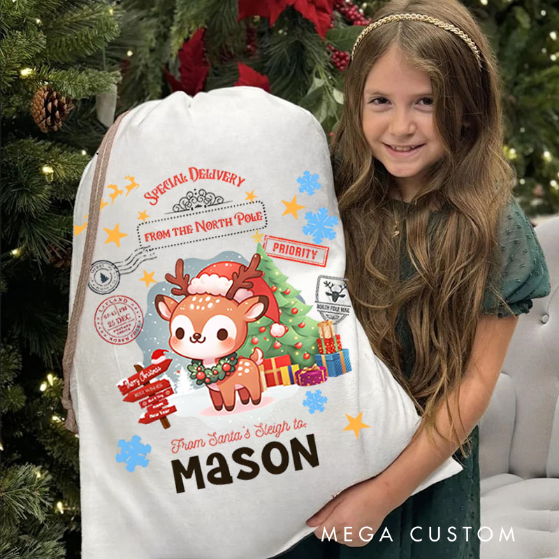 Personalized Deer and Snowflakes Christmas Bag with Name for a Festive and Joyful Celebration