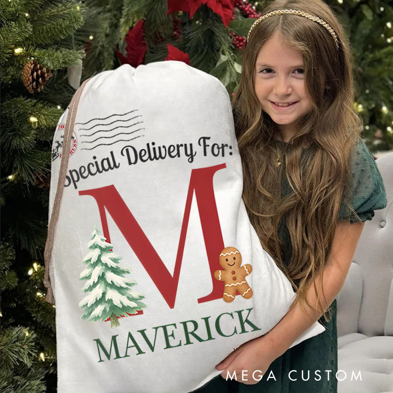 Personalized Festive Initial Christmas Bag with Gingerbread and Tree Featuring Name for a Special Delivery