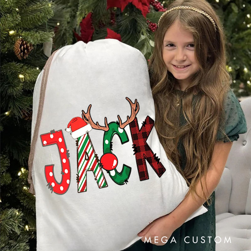Personalized Festive Name Christmas Bag with Santa Hat and Reindeer Antlers for Holiday Cheer
