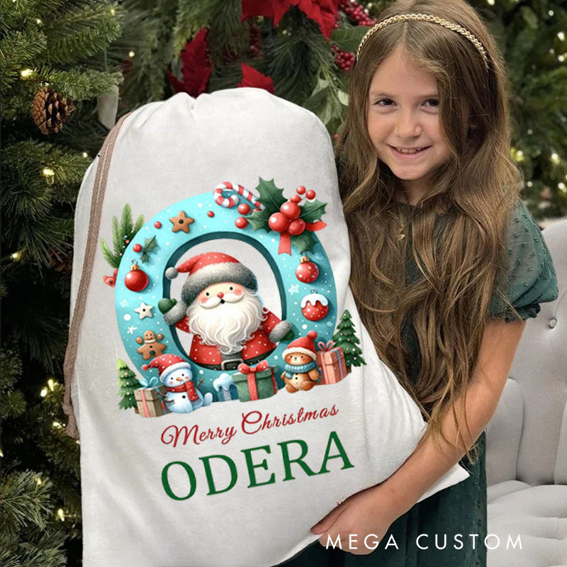 Personalized Santa Initial Christmas Bag with Festive Ornaments and Name for a Merry Celebration