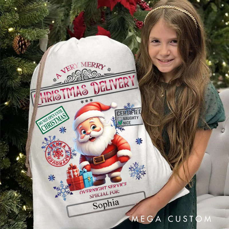 Personalized Santa Express Delivery Christmas Bag with Festive Stamps and Name for a Magical Holiday Gift