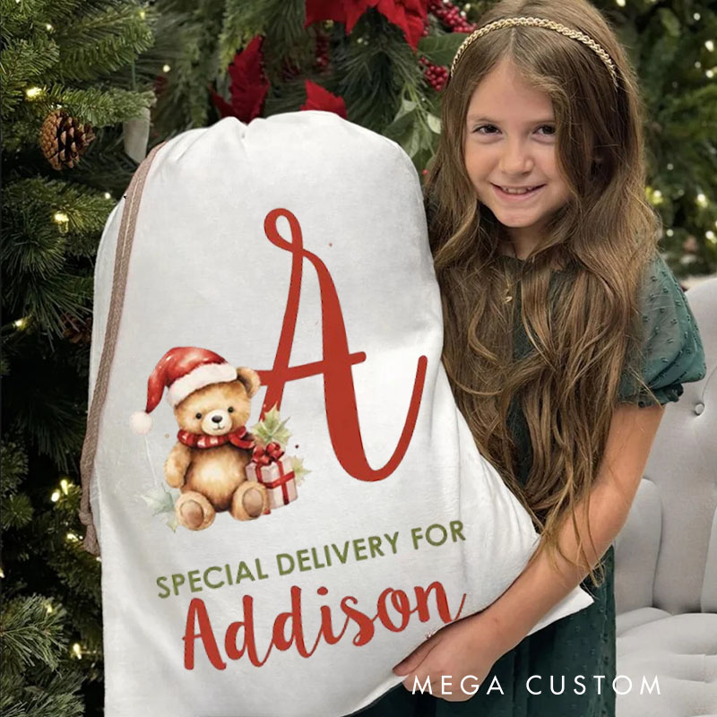 Personalized Teddy Initial Christmas Bag with Santa Hat and Name for a Special Holiday Delivery