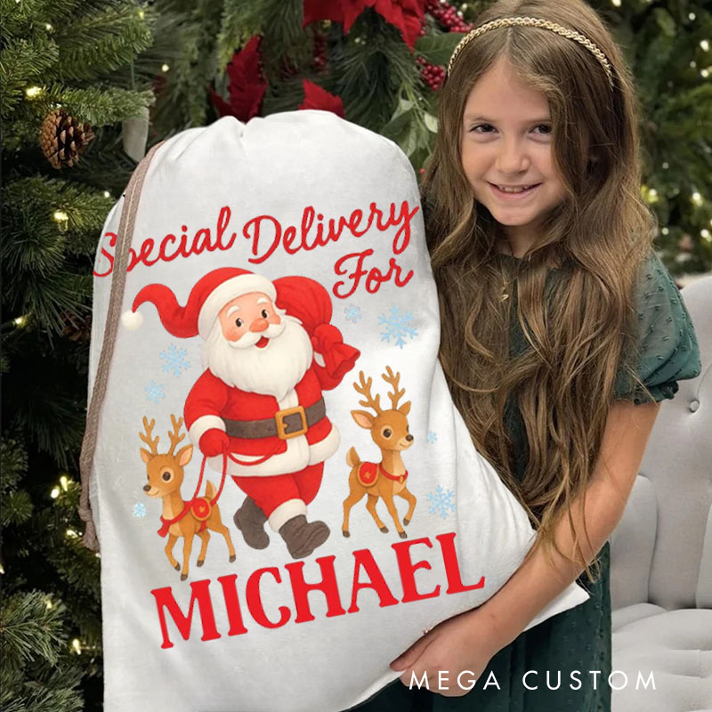 Personalized Santa and Reindeer Christmas Bag with Special Delivery Message and Name for a Festive Holiday
