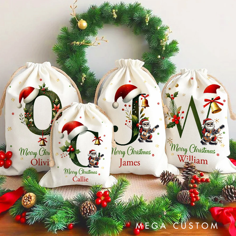 Personalized Music Lover Bell Santa Hat Initial Drawstring Canvas Gift Bag with Name Christmas Party Gift Christmas Sack
