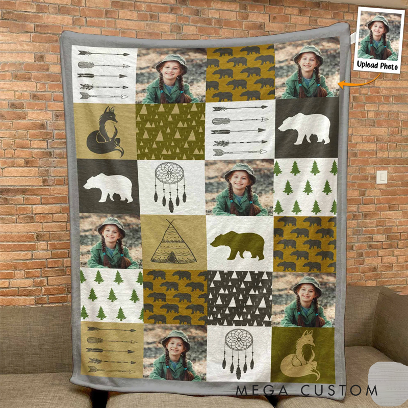 Personalized Kid Photo Blanket Throw Blanket Custom Little Happy Camper Blankets Gift for Kid Nature Hiking Camping