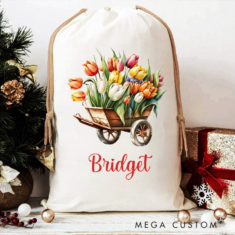 Personalized Christmas Gift Sack with Name Garden Favor Bags Wheelbarrow Floral Design Christmas Gifts