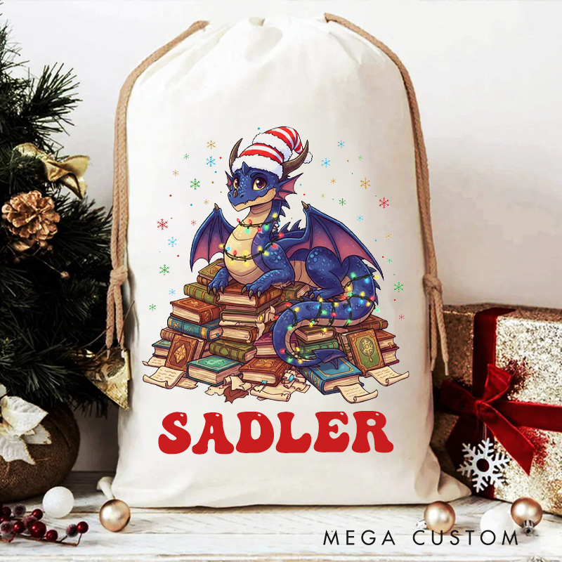 Personalized Dragon and Book Christmas Bag with Name Librarian Santa Sack Bookworm Christmas Sack for Fantasy Book Lovers Christmas Gift