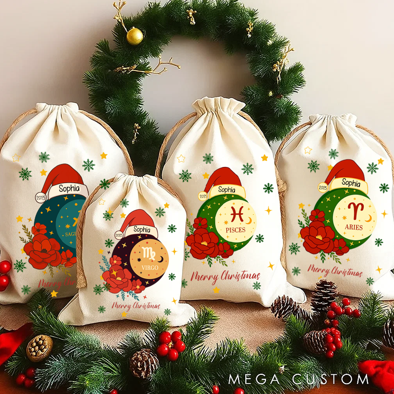 Personalized Zodiac Sign Floral and Name Canvas Gift Bag With Name Christmas Party Gift Christmas Sack Floral Star Sign Zodiac Birth Month Gift