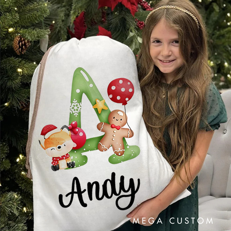 Personalized Christmas Animal Alphabet Linen Drawstring Bag for Gift Wrapping Party Favors