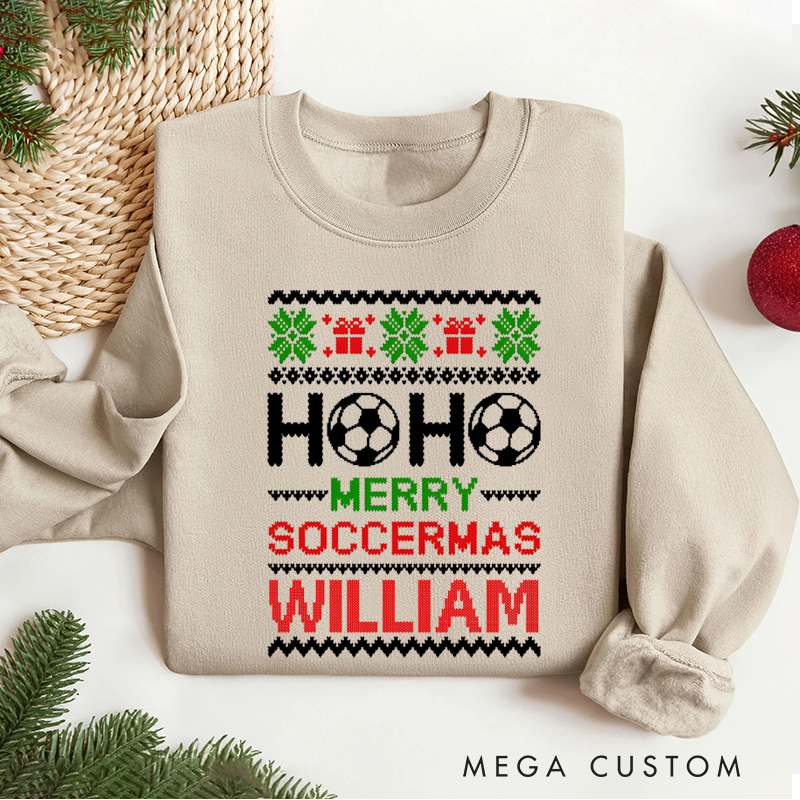 Personalized Soccer Christmas Sweatshirt with Festive Design and Custom Name