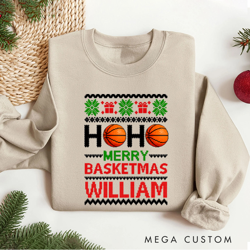 Personalized Basketball Christmas Sweatshirt with Festive Design and Custom Name
