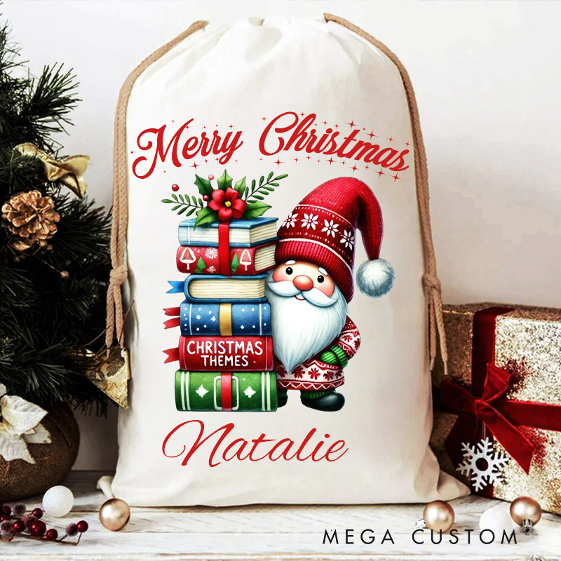 Personalized Book and Gnome Christmas Bag with Name Bookish Santa Sack Flower Book Xmas Sack Book Lover Christmas Gift
