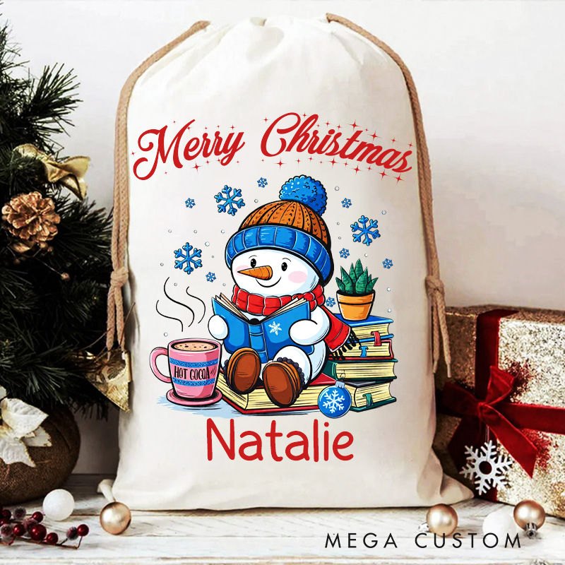 Personalized Reading Snowman Christmas Bag with Name Merry Christmas Bookish Santa Sack for Book Lover Christmas Gift Librarian Gift