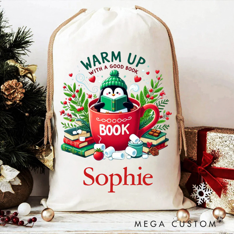 Personalized Warm up with a Good Book Christmas Bag Reading Penguin Santa Sack with Name for Book Lover Christmas Gift Librarian Gift