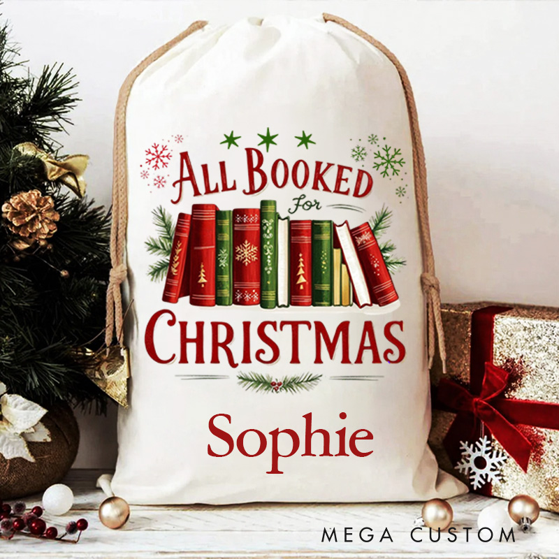 Personalized All Booked Christmas Bag Holly and Bookshelf Santa Sack with Name for Book Lover Christmas Gift Librarian Gift