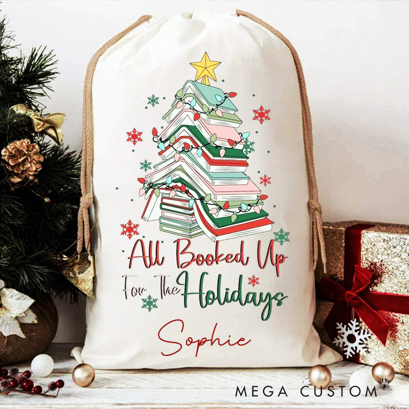 Personalized All Booked Up for the Holidays Christmas Bag Book Christmas Tree Santa Sack with Name Book Nerd Xmas Sack for Book Lover Gift Librarian Gift