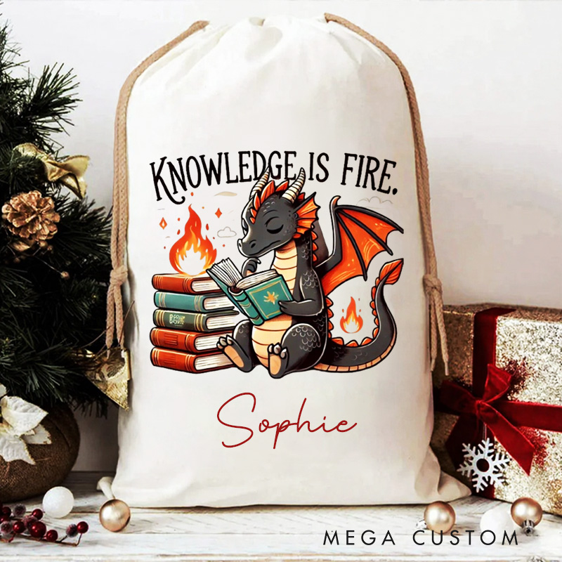 Personalized Knowledge is Fire Christmas Bag Reading Dargan Christmas Santa Sack with Name Book Nerd Xmas Sack for Book Lover Gift Librarian Gift