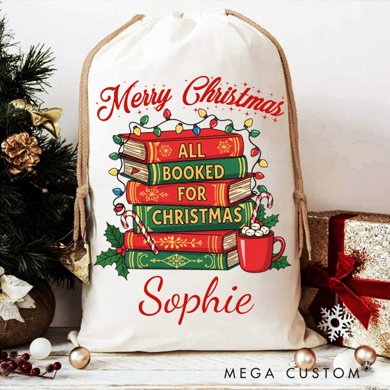 Personalized All Booked for Christmas Bag Merry Christmas Santa Sack with Name Bookworm Xmas Sack for Book Lover Gift Librarian Gift