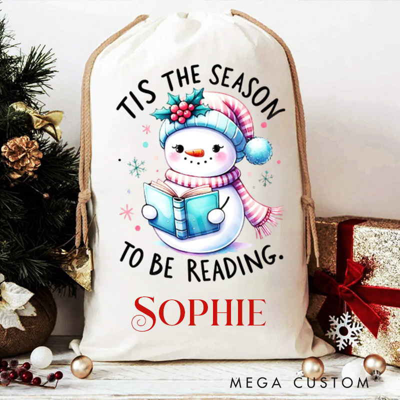 Personalized Tis the Season to Be Reading Christmas Bag Kids Reading Snowman Santa Sack for Kids Bookworm Xmas Sack with Name Book Lover Gift