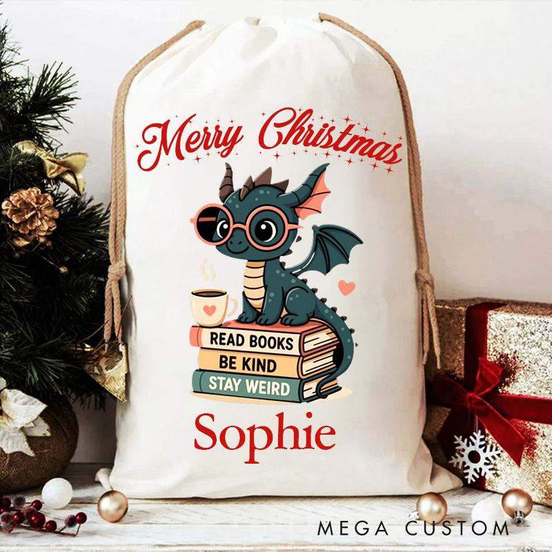 Personalized Read Books Be Kind Stay Weird Christmas Bag Dargan Santa Sack for Kids Bookworm Xmas Sack with Name Book Lover Gift