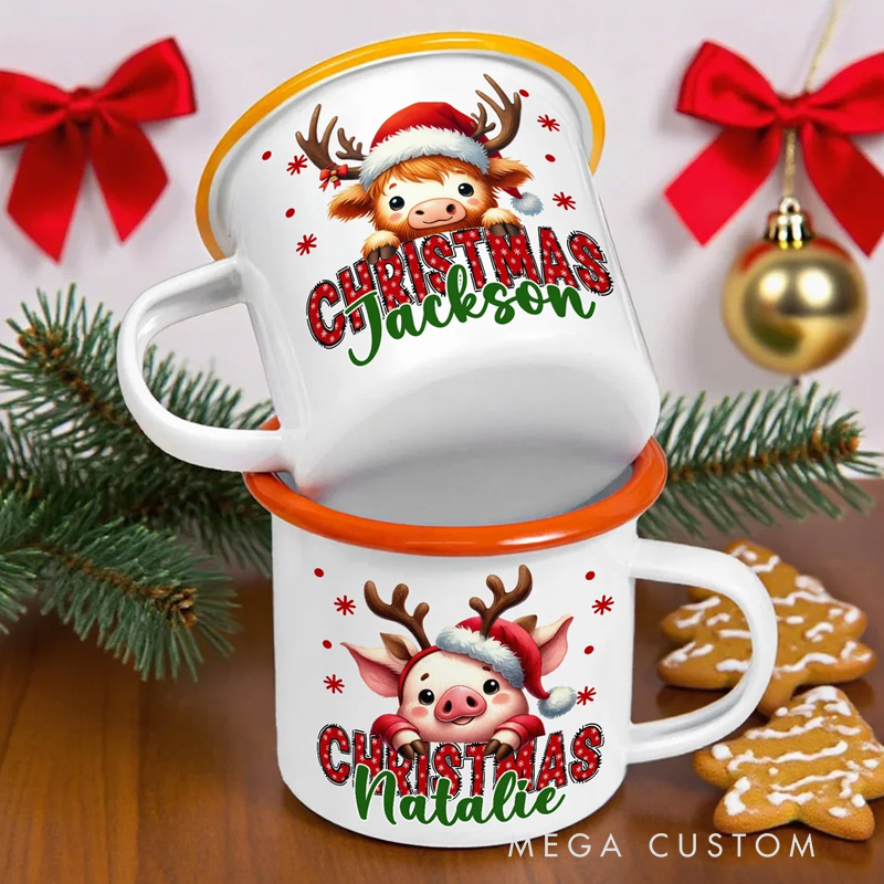 Personalized Christmas Santa Hat Cute Animal 12 oz Multicolor Enamel Mug with Name Christmas Gift
