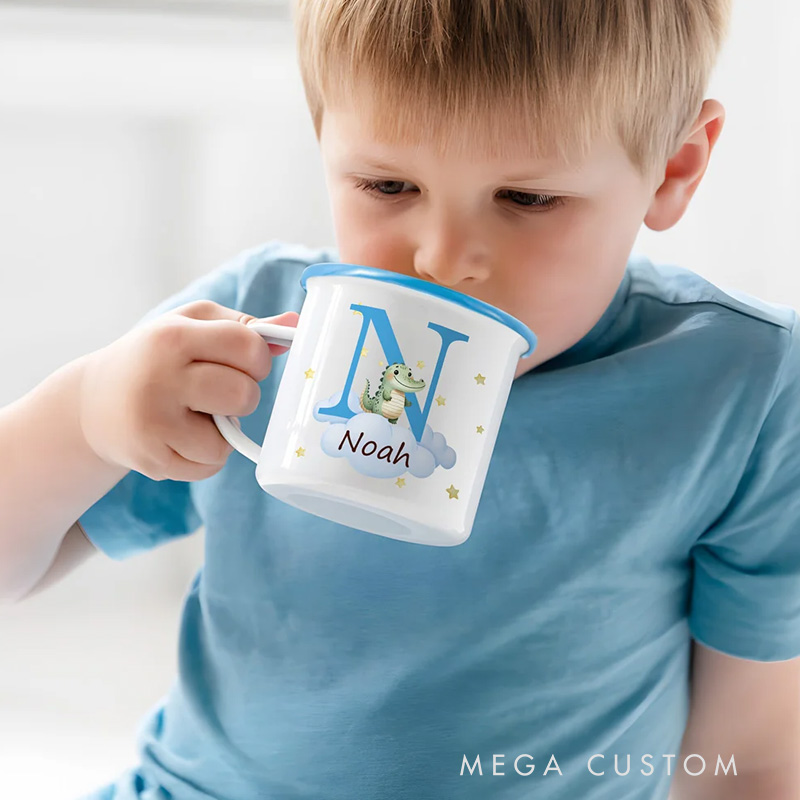 Personalized Cute Bear Dinosaur Cartoon Forest Animal 12 oz Colored Rim Enamel Mug with Initial and Name Birthday Gift