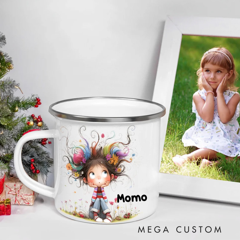 Personalized Cute Whimsical Quirky Girl 12oz Colorful Rim Enamel Mug with Name Birthday Back to School Holiday Gift