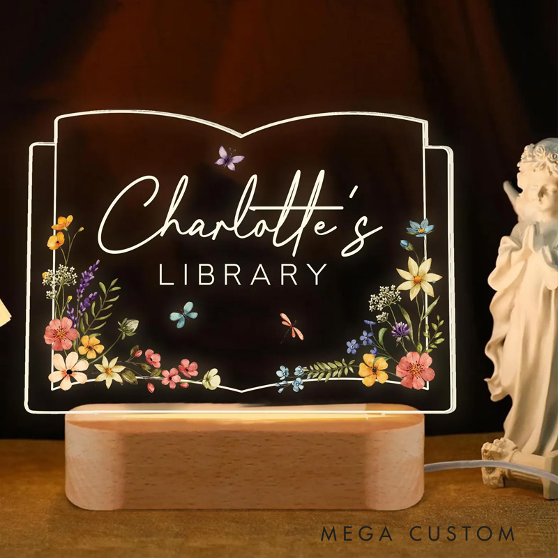 Personalized Book Lover LED Night Light Bookshelf Decor Sign Light with Name Book Shape Flower Light Bookworm Gift Book Lover Gift Bookish Gift