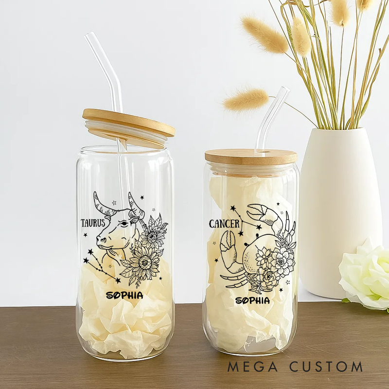 Personalized Water Glasses Tumbler With Zodiac Signs Custom Coffee Cup Custom Water Glasses Tumbler With Name Birthday Gift
