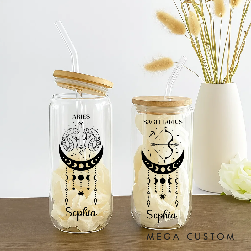 Personalized Zodiac SignWater Glasses Tumbler Coffee Tumbler Zodiac Personalized Birthday Gift Astrology Gift Celestial Moon Gifts