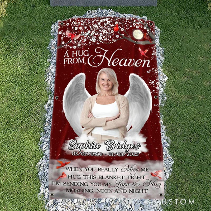 Personalized Memorial Grave Blanket Give A Hug From Heaven Memorial Photo Blanket Custom Photo Waterproof Blanket Remembrance Gift