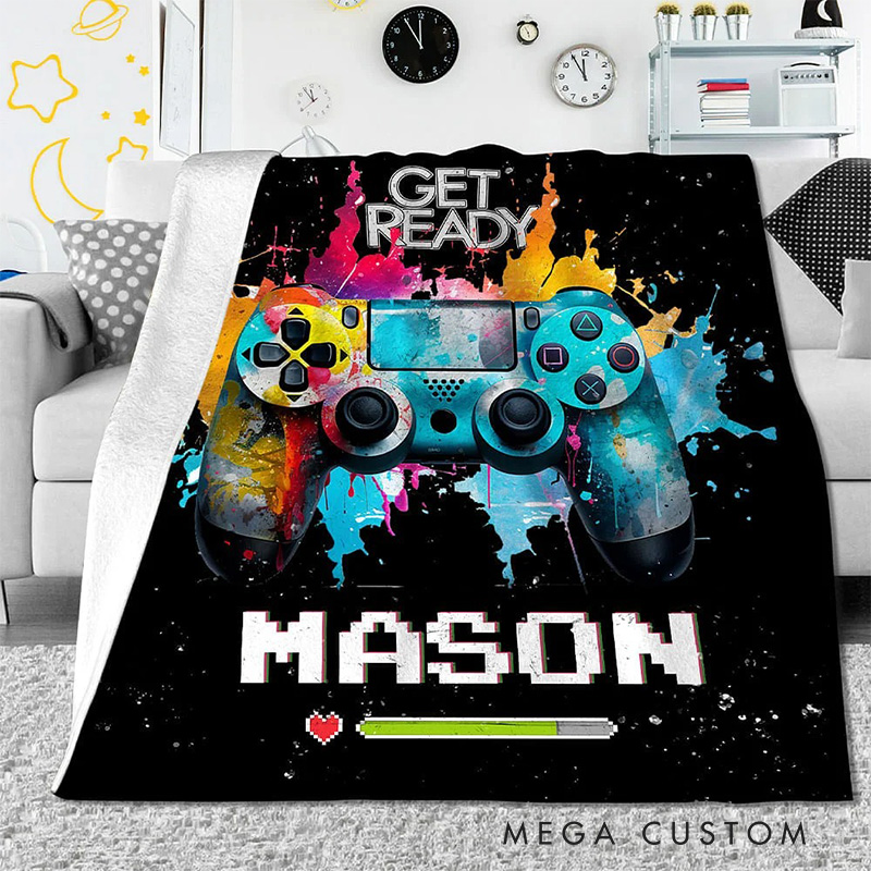 Personalized Color Ink Get Ready Gamepad Blanket Flannel Blanket Gaming Blanket with Name for Game Lovers Gamer