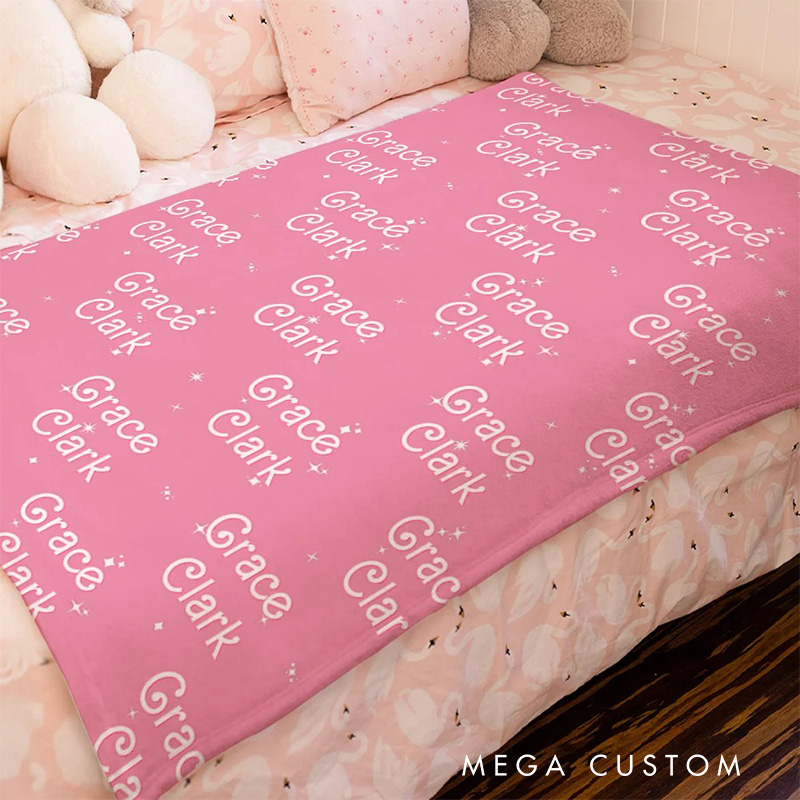 Personalized Pink Dolly Font Repeating Name Sparkle Starlight Blanket Flannel Blanket Movie Blanket with Name for Film Fan