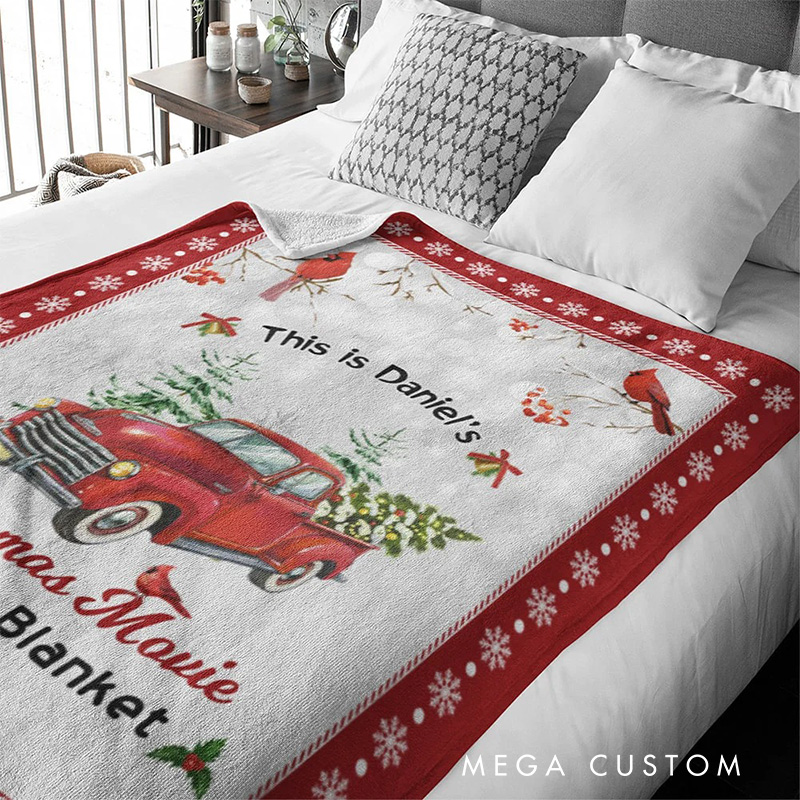 Personalized Vintage Red Truck Christmas Movie Watching Blanket Flannel Blanket Movie Blanket with Name for Film Fan